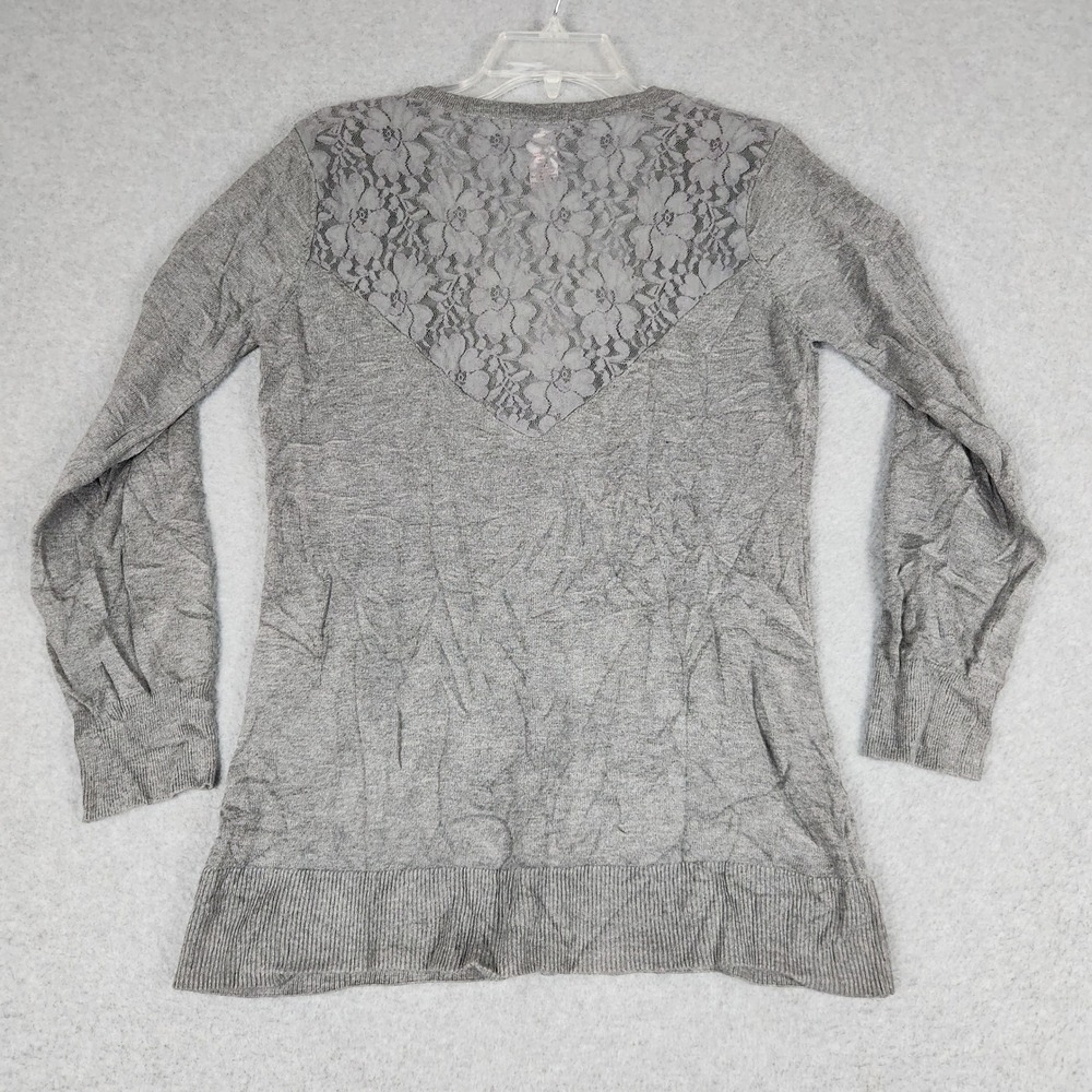 Candie's Cardigan Sweater Womens Large Gray Lace Back Floral Knit Button Front - Picture 3 of 7